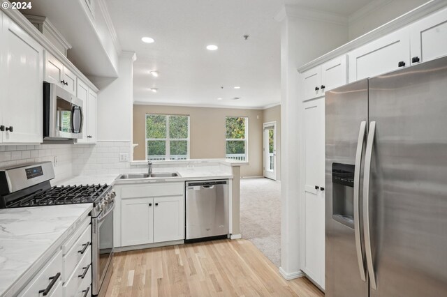 kitchen featuring white cabinetry, crown molding, decorative backsplash, a sink, and appliances with stainless steel finishes