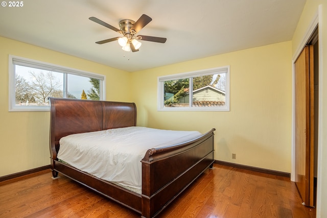 bedroom featuring hardwood / wood-style flooring, ceiling fan, and multiple windows