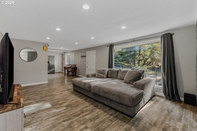 living room with wood-type flooring and a textured ceiling