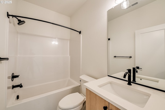 bathroom with washtub / shower combination, visible vents, vanity, and toilet