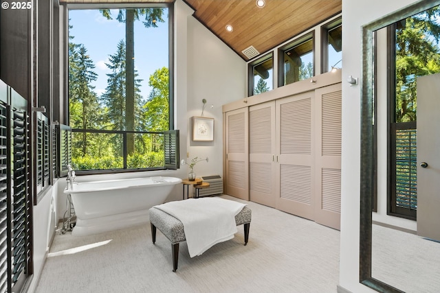 living area featuring wooden ceiling, recessed lighting, carpet, and lofted ceiling