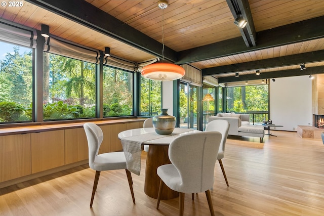 sunroom with beam ceiling, wooden ceiling, rail lighting, wood finished floors, and a wooden deck