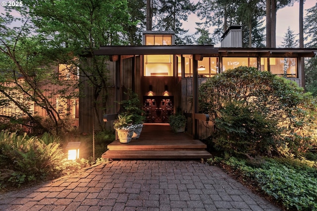 view of outdoor structure at dusk