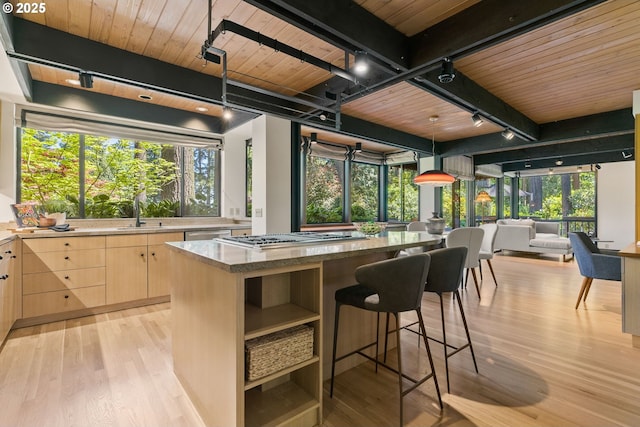 bar area featuring track lighting, wood ceiling, a sink, beam ceiling, and appliances with stainless steel finishes