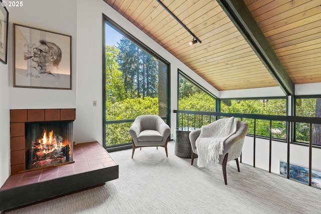 sunroom featuring a tile fireplace and track lighting