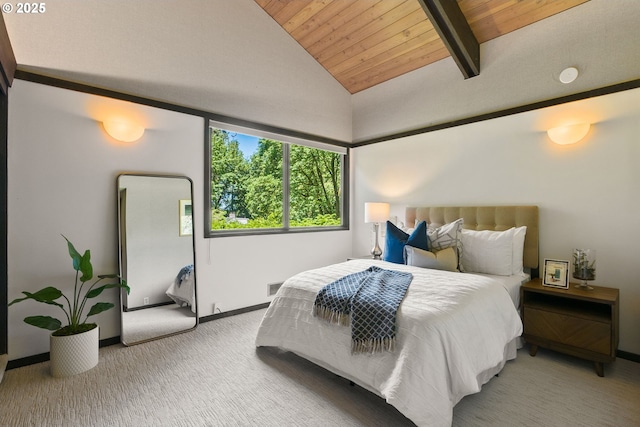 bedroom with lofted ceiling, wood ceiling, carpet flooring, and baseboards