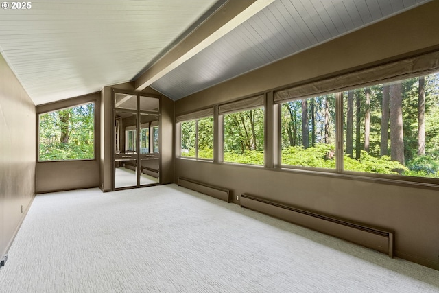 unfurnished sunroom with a baseboard heating unit, healthy amount of natural light, carpet floors, and baseboard heating