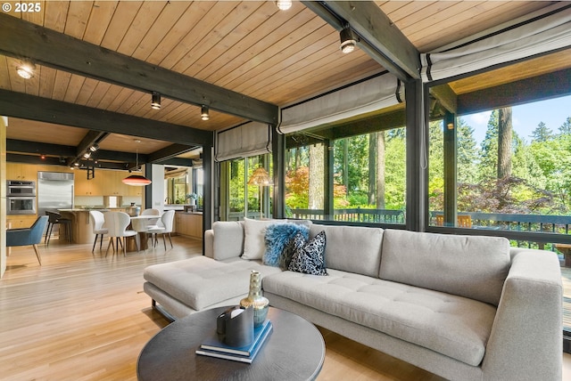 sunroom / solarium with track lighting, outdoor lounge area, plenty of natural light, and beamed ceiling