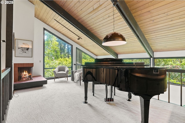 sitting room with wooden ceiling, plenty of natural light, carpet floors, and a fireplace