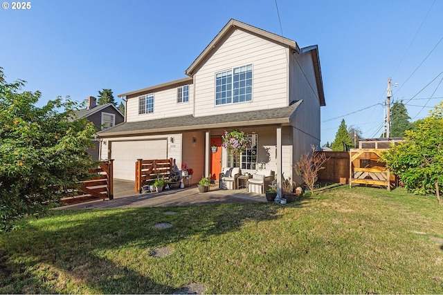 traditional-style home with a front yard, fence, concrete driveway, an attached garage, and a shingled roof