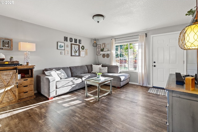 living room featuring baseboards and dark wood-type flooring
