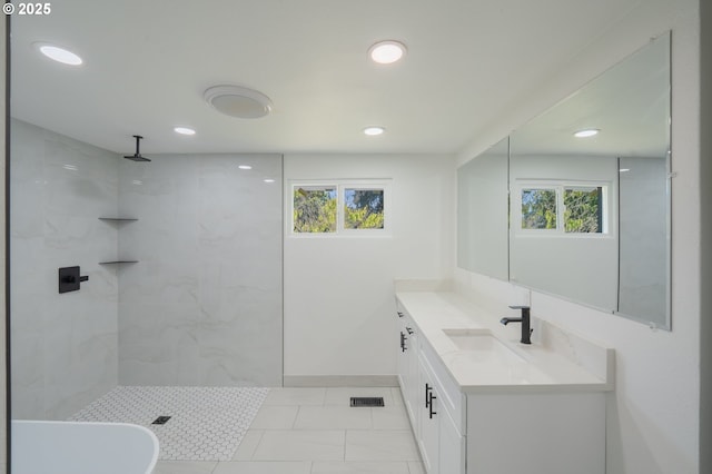 562 Gatch St, Woodburn, OR 97071 - bathroom with vanity, a marble finish shower, recessed lighting, and tile patterned floors