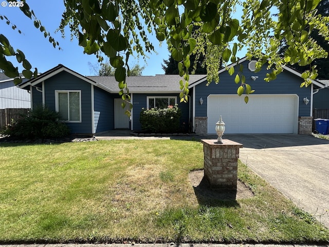 4733 Spring Meadow Ave, Eugene, OR 97404 - ranch-style house featuring an attached garage, a front lawn, driveway, and brick siding