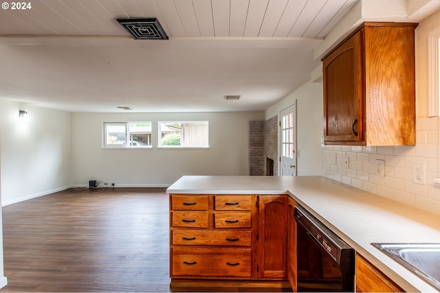127 Roan Dr, Eugene, OR 97401 - kitchen with dishwasher, healthy amount of natural light, a peninsula, dark wood-style floors, and wooden ceiling