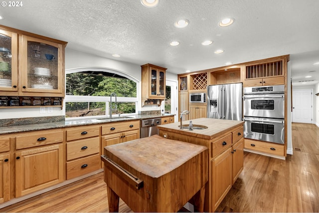 kitchen featuring a sink, appliances with stainless steel finishes, a center island with sink, and butcher block counters