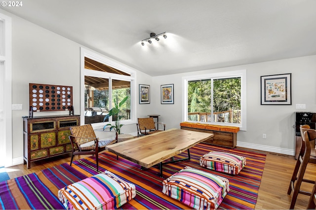 interior space with vaulted ceiling, wood finished floors, baseboards, and track lighting