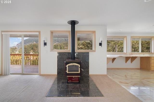 213 University Ave, Manzanita, OR 97130 - living area featuring a wood stove, carpet flooring, and baseboards