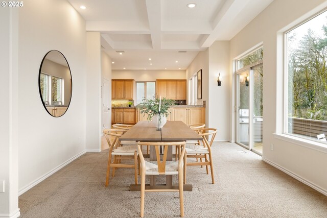 230 SW Florida St, Portland, OR 97219 - dining area featuring light colored carpet, beamed ceiling, coffered ceiling, and recessed lighting
