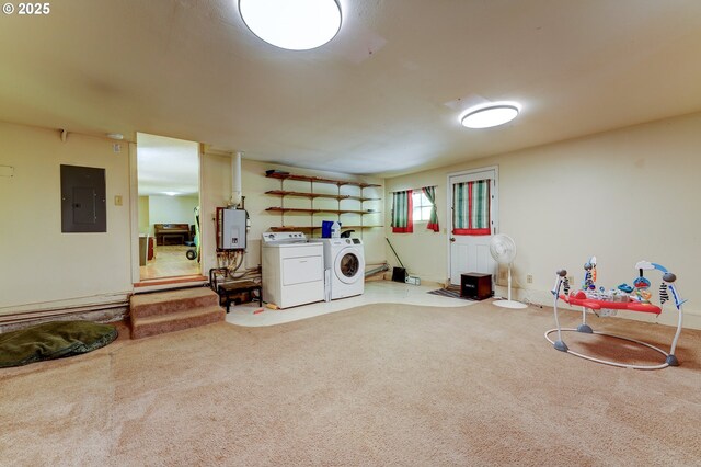 6620 SE Barbara Welch Rd, Portland, OR 97236 - recreation room with washing machine and dryer, electric panel, tankless water heater, and carpet