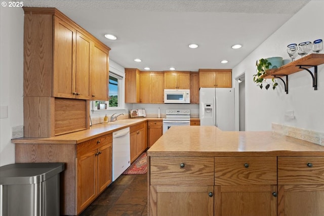 1941 NE 143rd Ave, Portland, OR 97230 - kitchen with white appliances, open shelves, a peninsula, light countertops, and recessed lighting