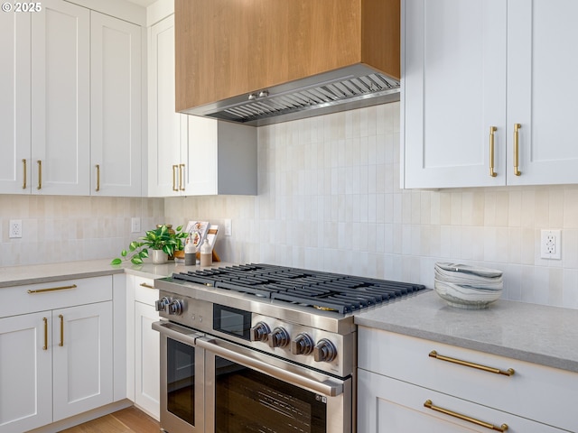 kitchen with light stone countertops, range with two ovens, decorative backsplash, custom range hood, and white cabinetry