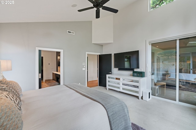 1311 NW 5th Ave, Camas, WA 98607 - bedroom with carpet flooring, access to exterior, high vaulted ceiling, connected bathroom, and a ceiling fan