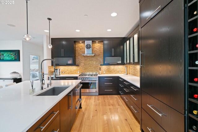 1311 NW 5th Ave, Camas, WA 98607 - kitchen with high end stainless steel range, a sink, light countertops, light wood-type flooring, and backsplash