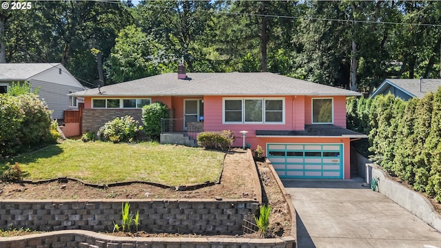 2120 W 23rd Ave, Eugene, OR 97405 - view of front facade featuring driveway, a garage, a front yard, a chimney, and roof with shingles