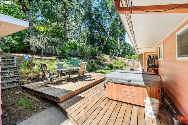 2120 W 23rd Ave, Eugene, OR 97405 - wooden terrace with a hot tub, outdoor dining space, and a fenced backyard