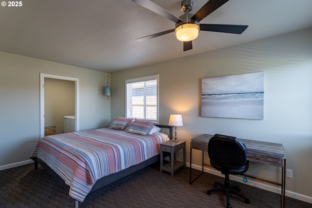 1005 NW Pacific Way, Waldport, OR 97394 - bedroom with independent washer and dryer, a desk, carpet, and ceiling fan