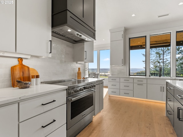 kitchen featuring high end stainless steel range, decorative backsplash, light wood-type flooring, white cabinets, and recessed lighting