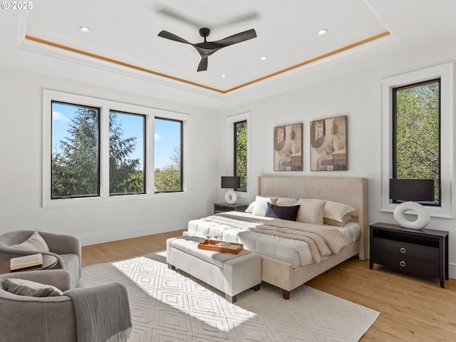 bedroom with multiple windows and a tray ceiling