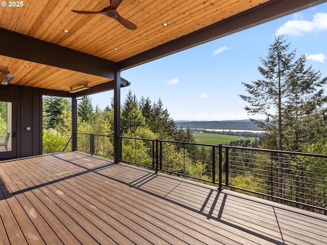 wooden terrace featuring ceiling fan and a water view