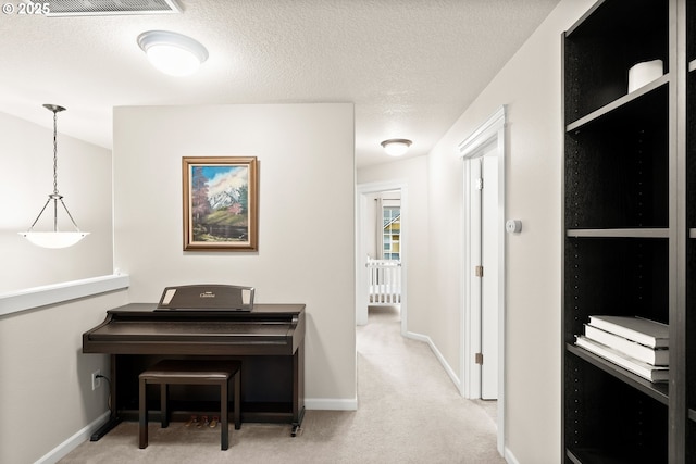 miscellaneous room with light colored carpet and a textured ceiling