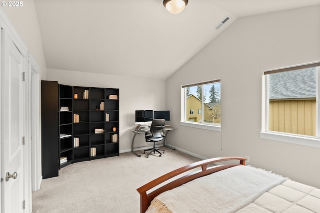 carpeted bedroom with lofted ceiling