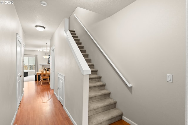 staircase featuring hardwood / wood-style flooring and a textured ceiling