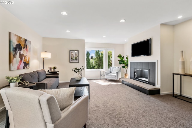 1442 SW 66th Ave, Portland, OR 97225 - carpeted living room featuring a tile fireplace and recessed lighting