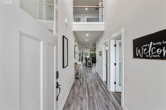 interior space featuring baseboards, a high ceiling, and wood finished floors