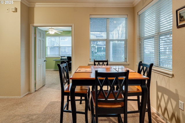 dining space with ceiling fan, ornamental molding, and light colored carpet