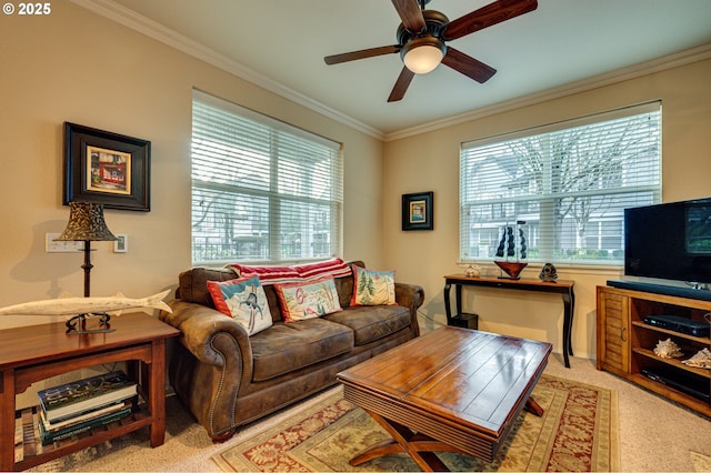 living room featuring ceiling fan and ornamental molding