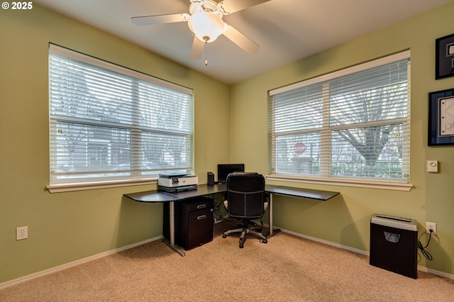 home office with ceiling fan and light carpet