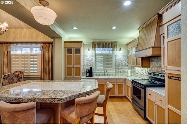 kitchen featuring stainless steel electric stove, a breakfast bar, decorative backsplash, sink, and light hardwood / wood-style flooring