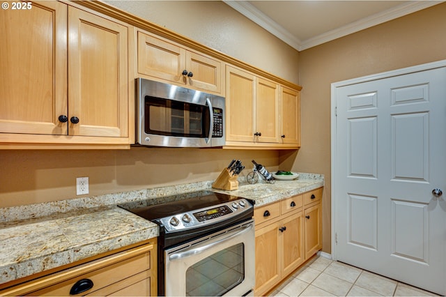 kitchen featuring stainless steel appliances, light brown cabinetry, light tile patterned floors, and crown molding