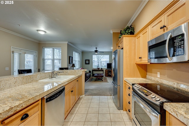 kitchen featuring appliances with stainless steel finishes, light colored carpet, ceiling fan, ornamental molding, and sink