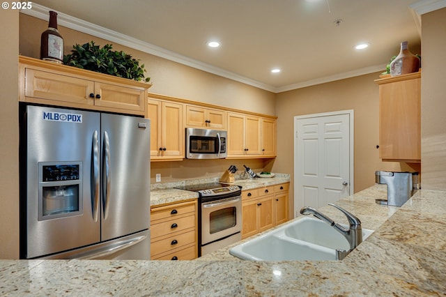 kitchen featuring sink, light stone counters, light brown cabinetry, crown molding, and appliances with stainless steel finishes