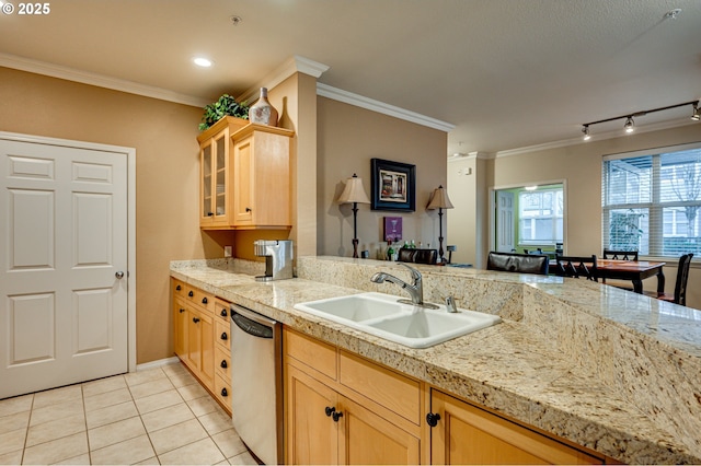 kitchen with sink, dishwasher, light brown cabinets, ornamental molding, and light tile patterned floors