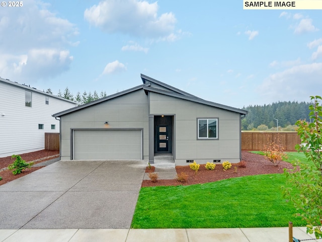 mid-century home with concrete driveway, a front yard, crawl space, fence, and a garage