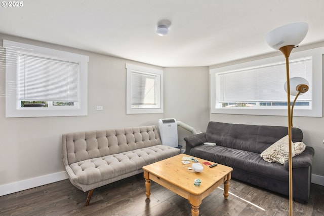 living room featuring a healthy amount of sunlight, baseboards, and wood finished floors