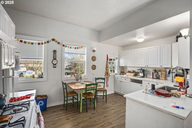 kitchen featuring dark wood finished floors, light countertops, white cabinets, a sink, and baseboards