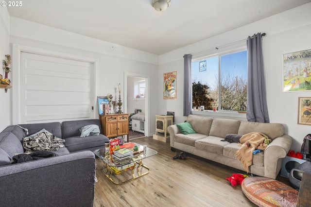 living area with wood finished floors and a wood stove